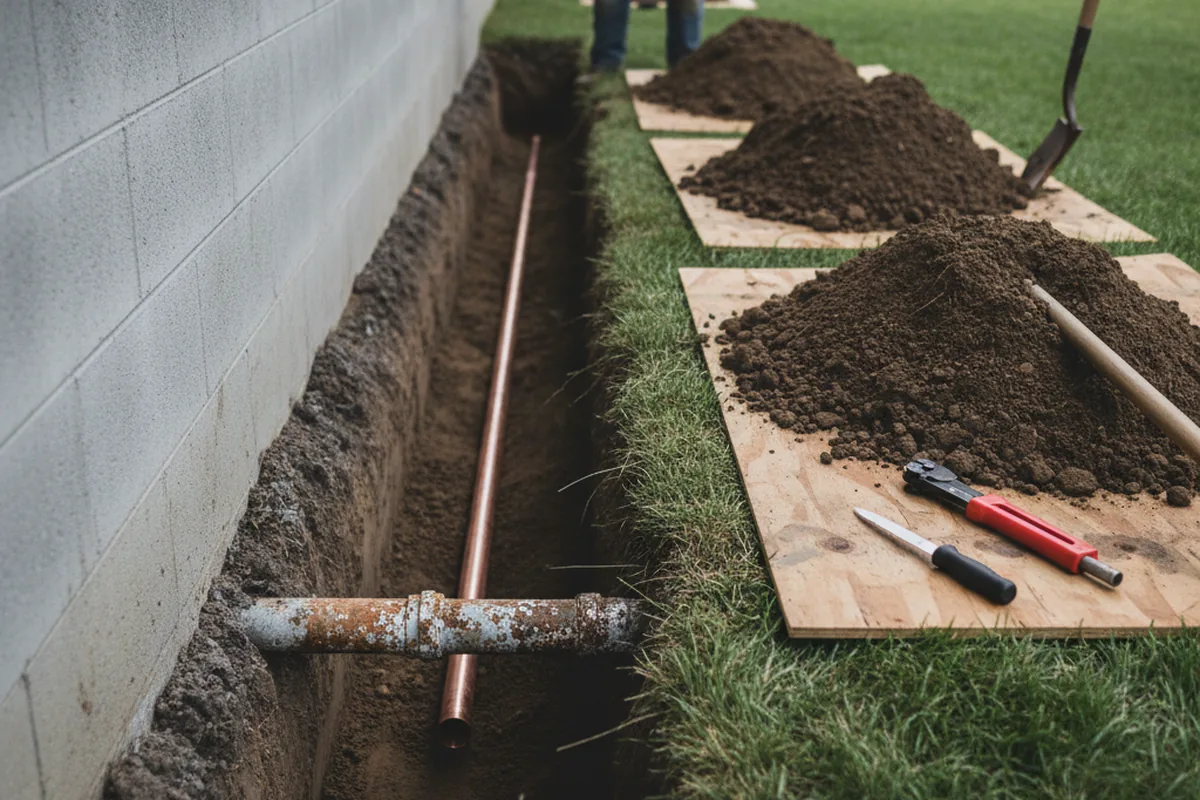 Excavated water line trench during Water Heater Repair in North Bend
